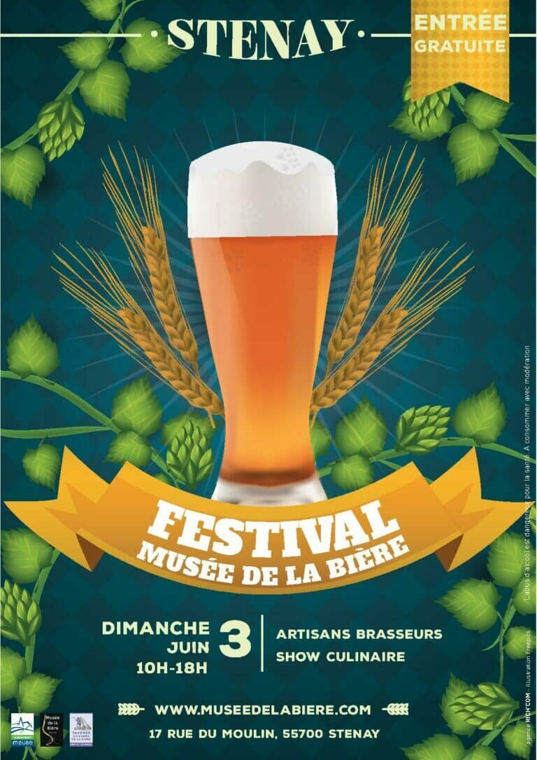 Affiche du Festival du Musée de la Bière à Stenay, verre de bière et houblon