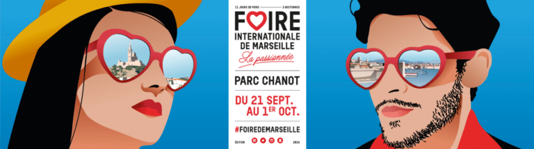 Affiche de la Foire internationale de Marseille 2018, deux visages aux lunettes en forme de cœur