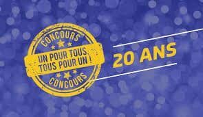 Tampon Concours « Un pour tous, tous pour un » et mention 20 ANS sur fond bleu