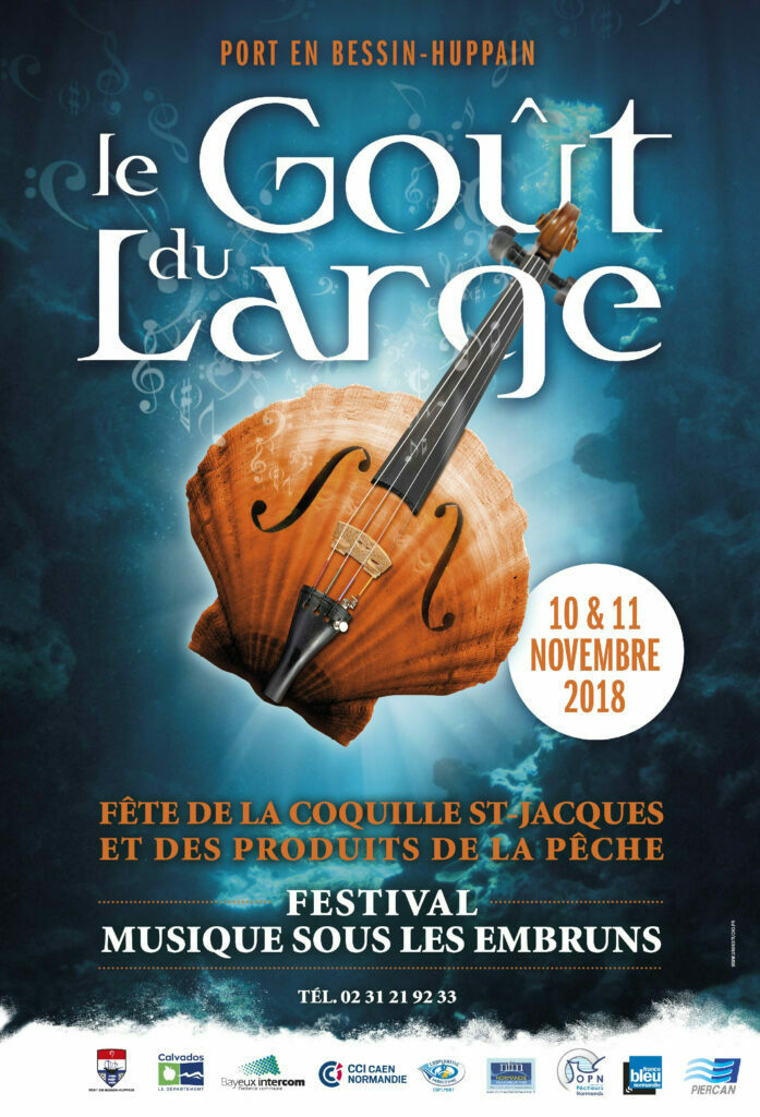 Affiche du festival Le Goût du Large à Port-en-Bessin, violon posé sur une coquille Saint-Jacques