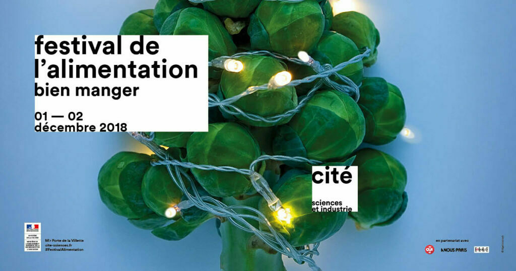 Affiche du Festival de l'alimentation à la Cité des sciences, choux de Bruxelles et guirlande lumineuse