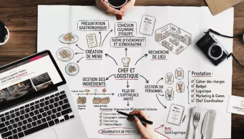 Schéma d'organisation et de coordination d'un événement culinaire par Flyin'Chef