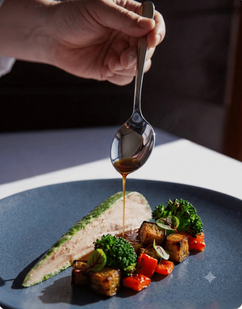 Assiette de volaille glacée dressée pendant un atelier culinaire Flyin'Chef en entreprise