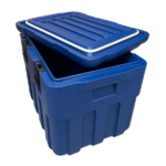 Conteneur isotherme bleu 85 L avec son couvercle, pour le transport des plats