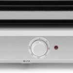 Plancha pro vue de face avec son thermostat central et son châssis en inox brossé